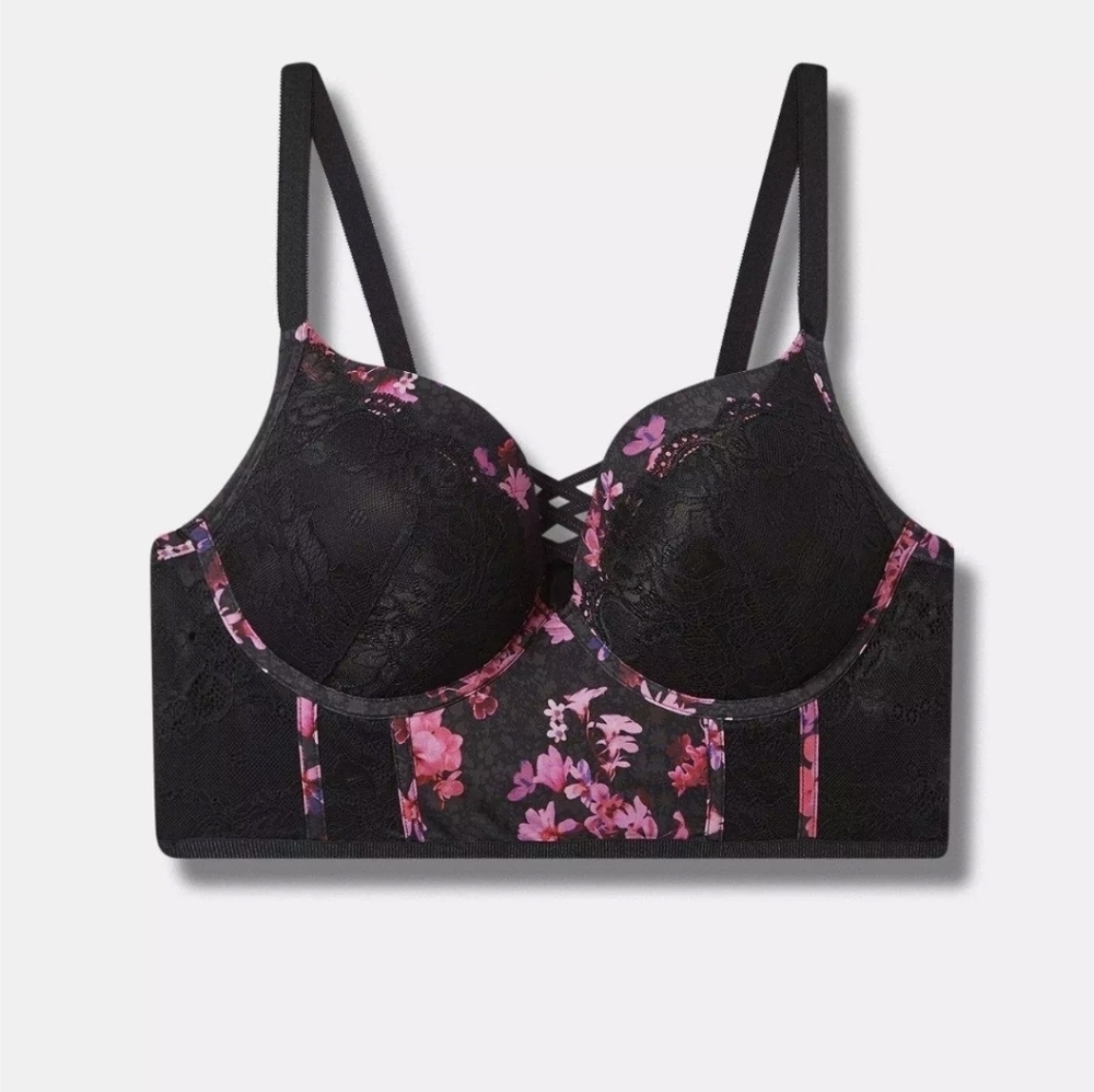 Torrid Black Pink Floral Lace XO Plunge Push-Up Longline Bra 42DDD NWT